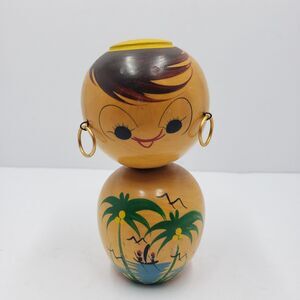 Vintage Korean Kokeshi Bobblehead Nodder Doll Wood Tropical Island Hand Painted